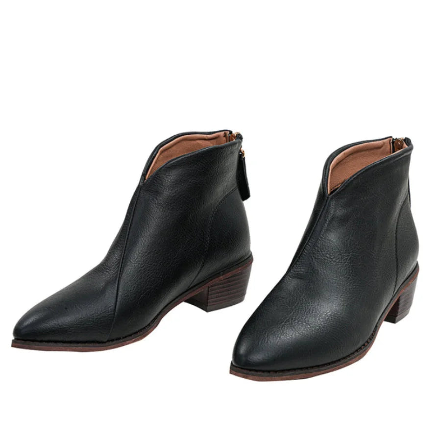 COSFUN Black Cat Felicia Hardy cosplay shoes feature black ankle boots shaped with pointed toes and slim heels.