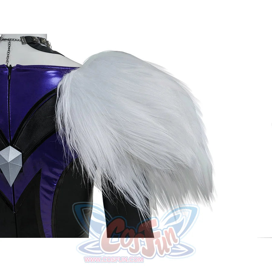 Black Cat Felicia Hardy cosplay fur collar detail shows a soft white shoulder piece over purple and black panels