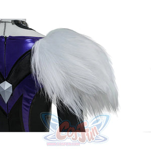 Black Cat Felicia Hardy cosplay fur collar detail shows a soft white shoulder piece over purple and black panels