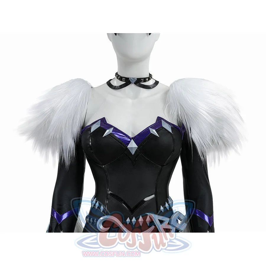Black Cat Felicia Hardy cosplay upper bodysuit detail frames white fur shoulders around purple chest trim