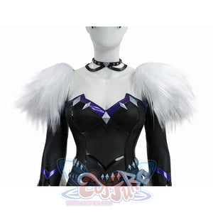 Black Cat Felicia Hardy cosplay upper bodysuit detail frames white fur shoulders around purple chest trim