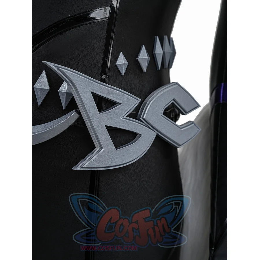 Black Cat Felicia Hardy cosplay waist accessory close-up focuses on the silver-tone letter emblem and diamond studs