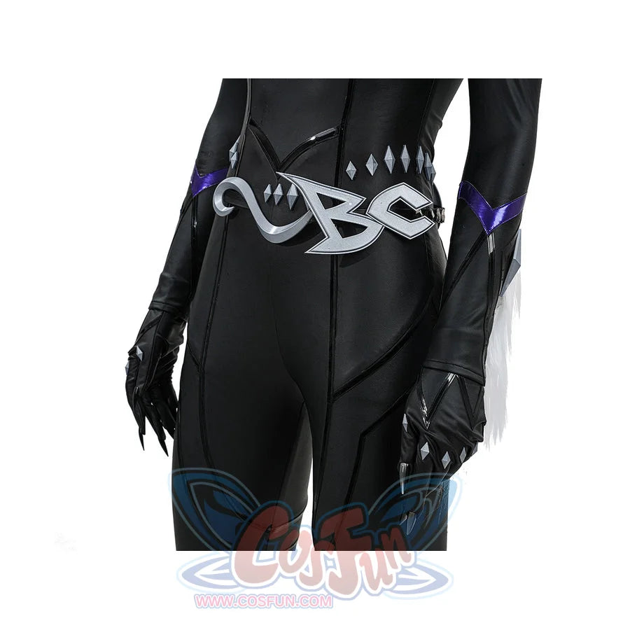 Black Cat Felicia Hardy cosplay waist accessory detail frames the silver-tone belt beside black clawed gloves