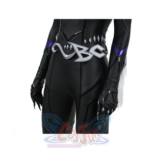 Black Cat Felicia Hardy cosplay waist accessory detail frames the silver-tone belt beside black clawed gloves