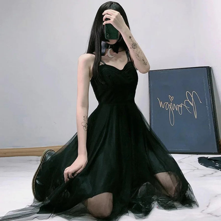 Black Tulle High Waist Sleeveless Slip Dress