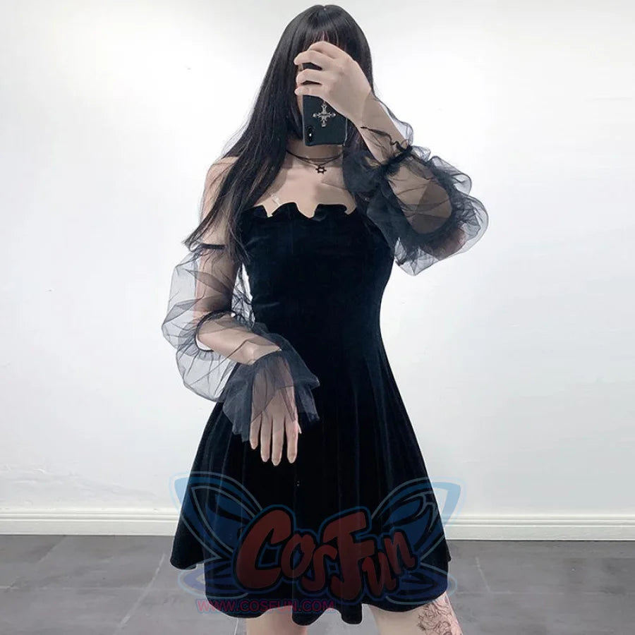 Black Velvet Sexy Tulle See Through High Waist Pleated Dress