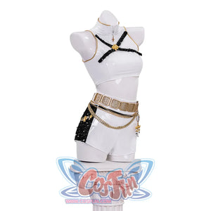 KPop Demon Hunters Rumi Cosplay Costume GOLDEN HUNTR/X dazzling performance outfit with white vest, gold decorations, and white and black shorts for kpop stage wear