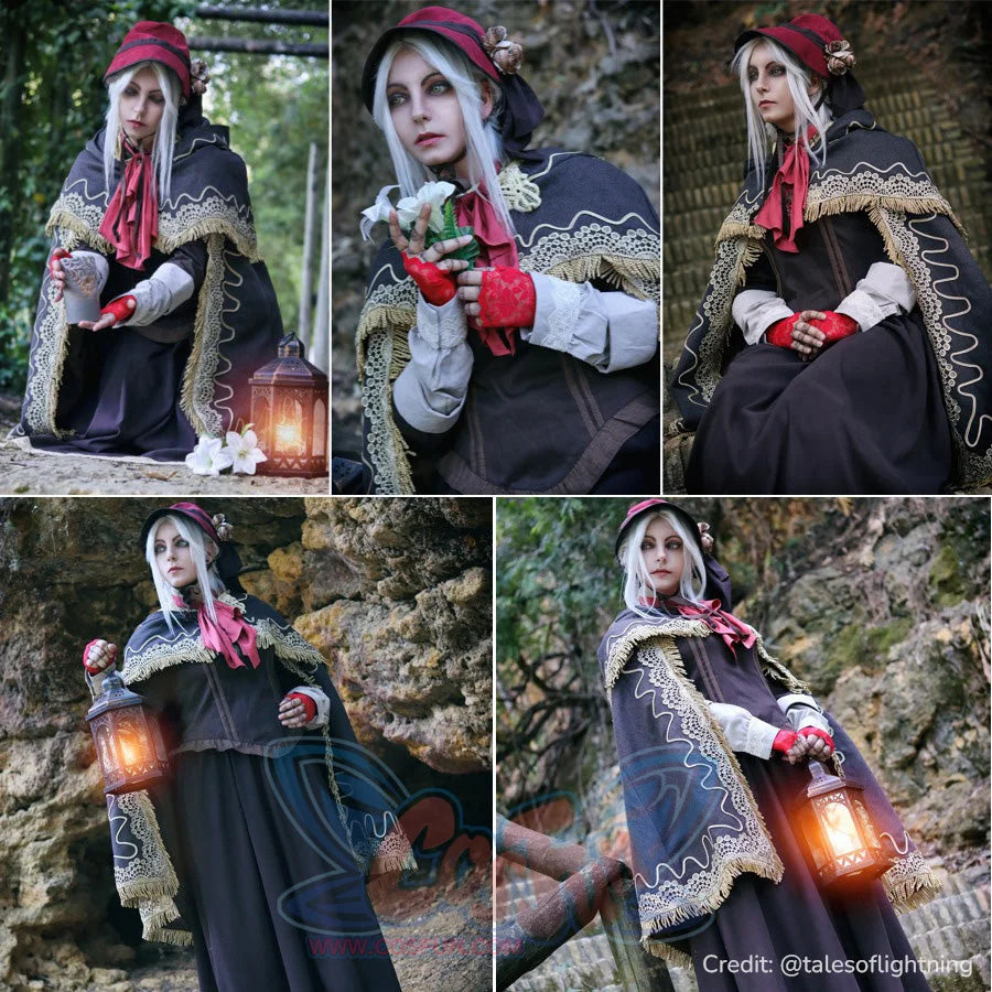 Bloodborne The Doll cosplay costume collage follows the dark cloak over a brown skirt and red glove details.
