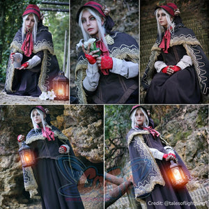 Bloodborne The Doll cosplay costume collage follows the dark cloak over a brown skirt and red glove details.