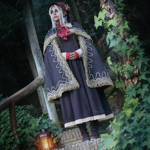 COSFUN Bloodborne The Doll cosplay costume layers a dark lace-trim cloak over a brown dress and red bow.