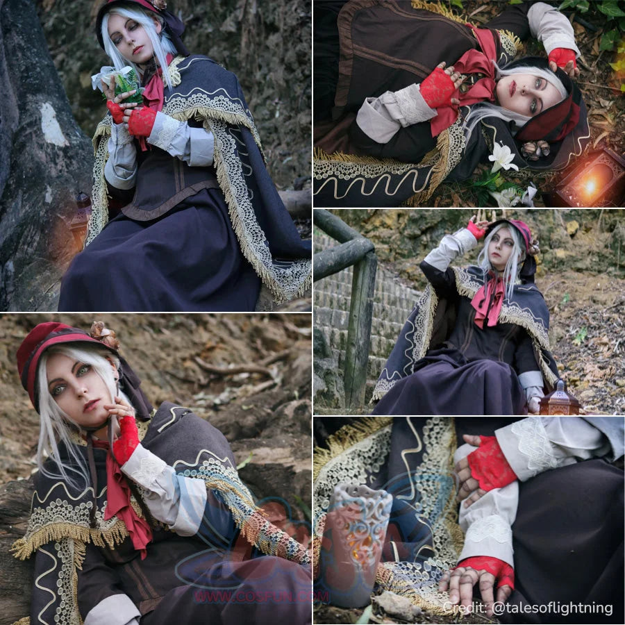 Bloodborne The Doll cosplay costume collage frames the lace cloak around a red bow and fingerless gloves.