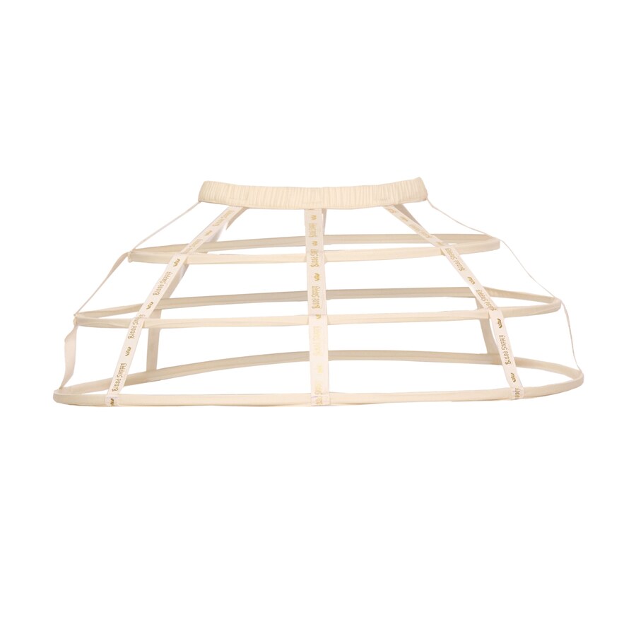 Flat lay of a short boned petticoat with cream support hoops and waist ties