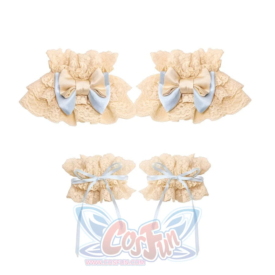 Flat lay of the Bow Arm Cuffs and Hand Sleeves item with cream ruffles and blue bows