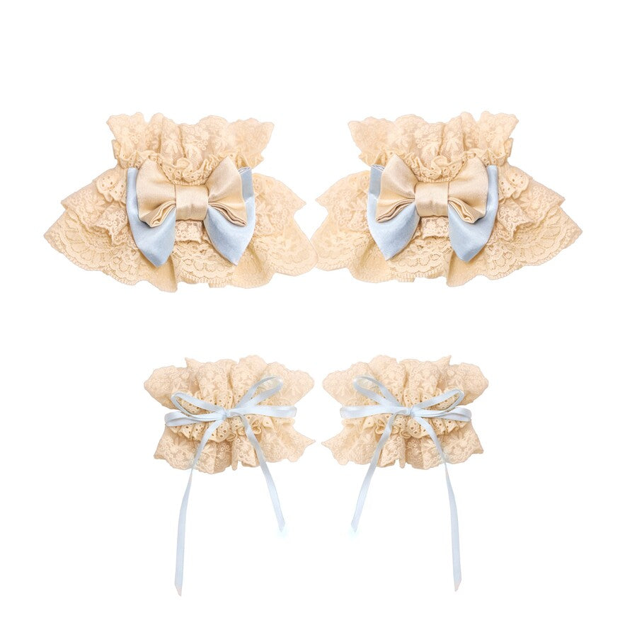Front and back display of lace arm cuffs and hand sleeves with blue bow details