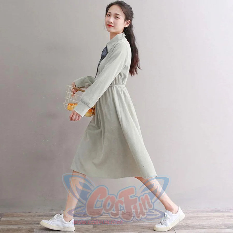 Bow Tie Button Corduroy Shirt One-Piece Dress J10003