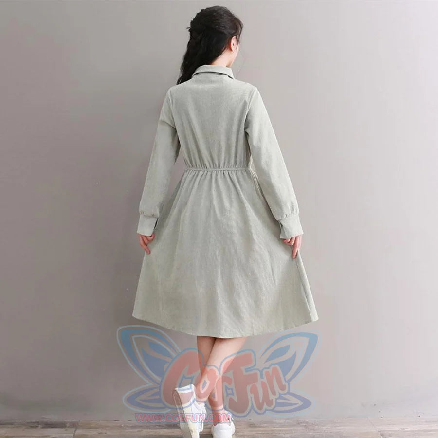 Bow Tie Button Corduroy Shirt One-Piece Dress J10003