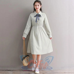 Bow Tie Button Corduroy Shirt One-Piece Dress J10003
