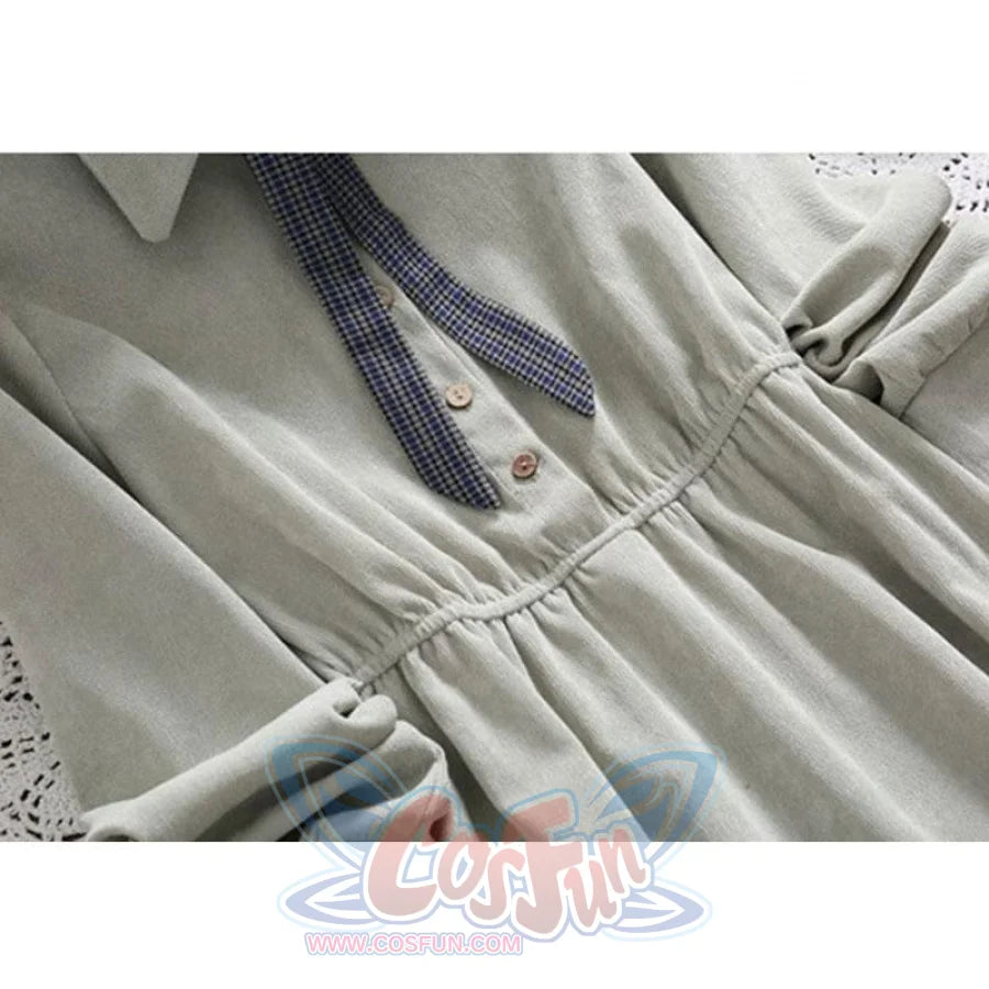 Bow Tie Button Corduroy Shirt One-Piece Dress J10003