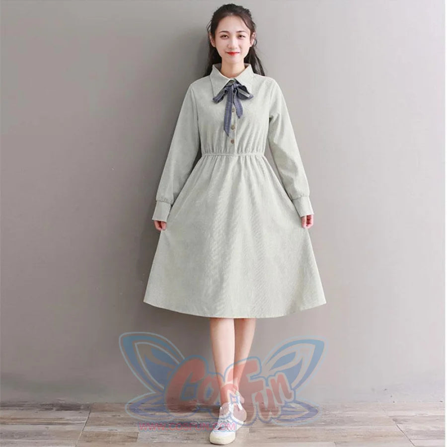 Bow Tie Button Corduroy Shirt One-Piece Dress J10003