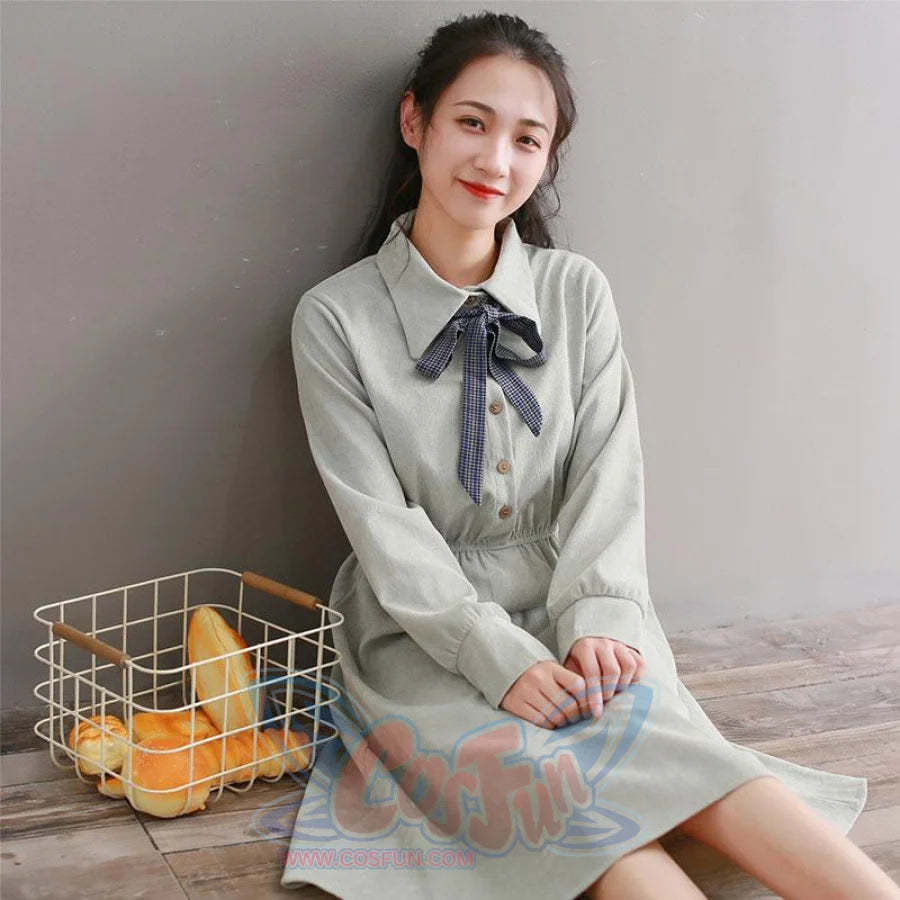 Bow Tie Button Corduroy Shirt One-Piece Dress J10003