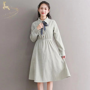 Bow Tie Button Corduroy Shirt One-Piece Dress J10003 Green / M
