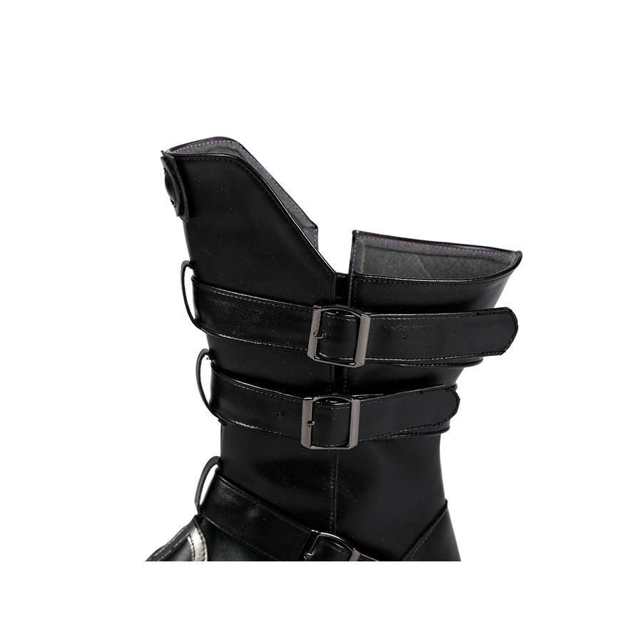 Buggy the Star Clown cosplay boot cuff detail shows layered black straps around the ankle opening