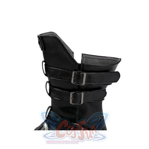 Buggy the Star Clown cosplay boot cuff detail shows layered black straps around the ankle opening