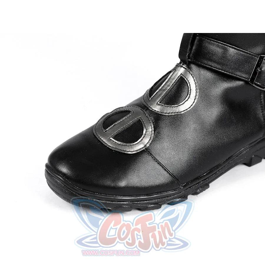 Buggy the Star Clown cosplay boot detail focuses on silver-tone rings set over black front straps
