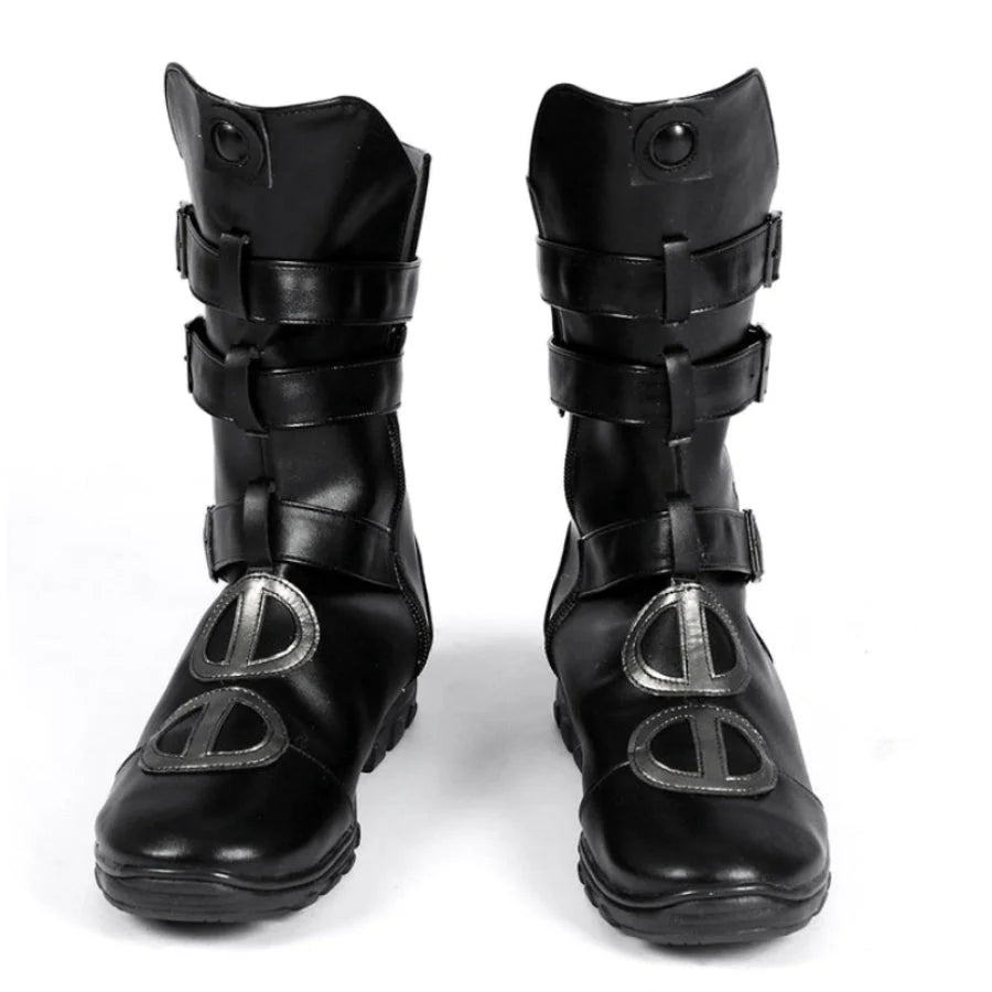 COSFUN Buggy the Star Clown cosplay boots front view shows black strapped boots with silver-tone ring accents