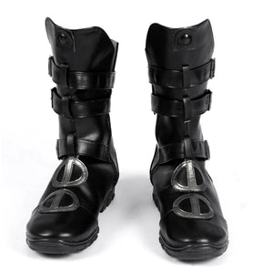 COSFUN Buggy the Star Clown cosplay boots front view shows black strapped boots with silver-tone ring accents