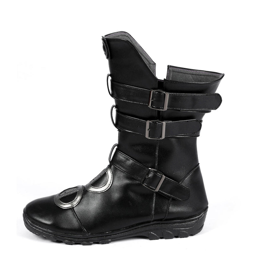 COSFUN Buggy the Star Clown cosplay boots front view shows black strapped boots with silver-tone ring accents