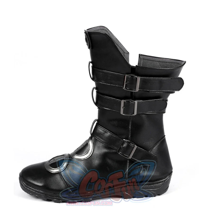 COSFUN Buggy the Star Clown cosplay boots front view shows black strapped boots with silver-tone ring accents
