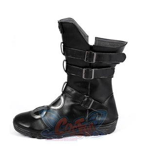 Buggy the Star Clown cosplay boots side profile highlights black straps across a rugged mid-calf boot