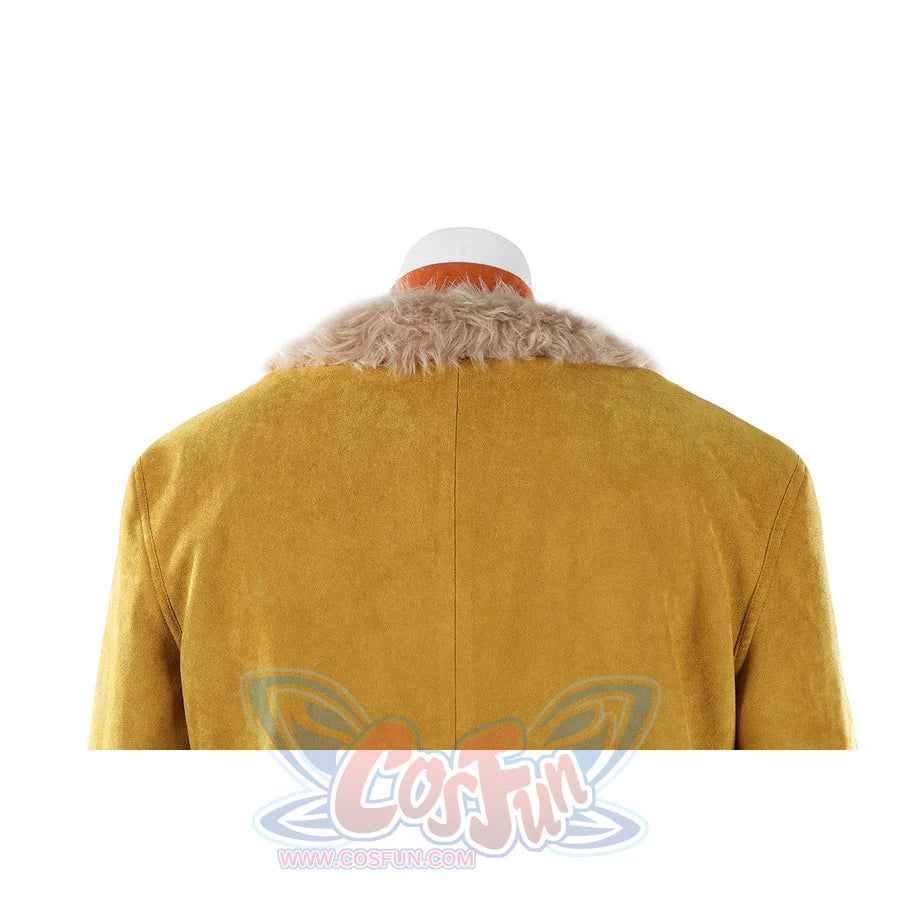 Buggy the Star Clown cosplay coat back detail shows pale faux fur along the collar seam