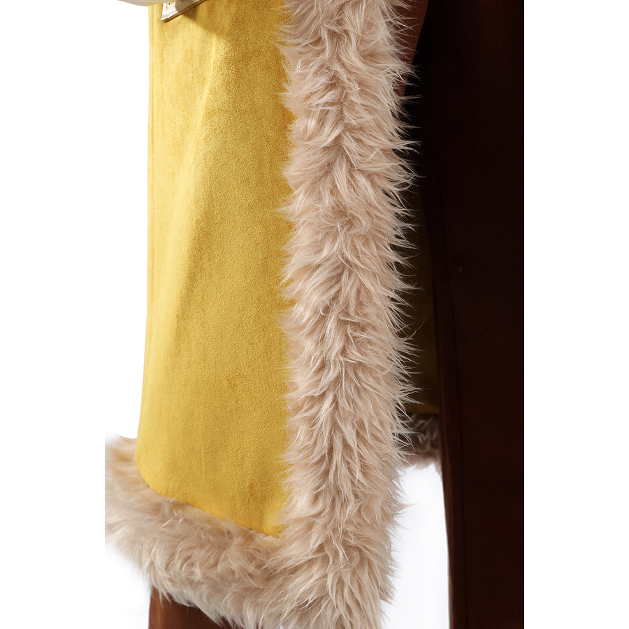 Buggy the Star Clown cosplay coat detail follows the pale faux fur trim down the yellow front edge