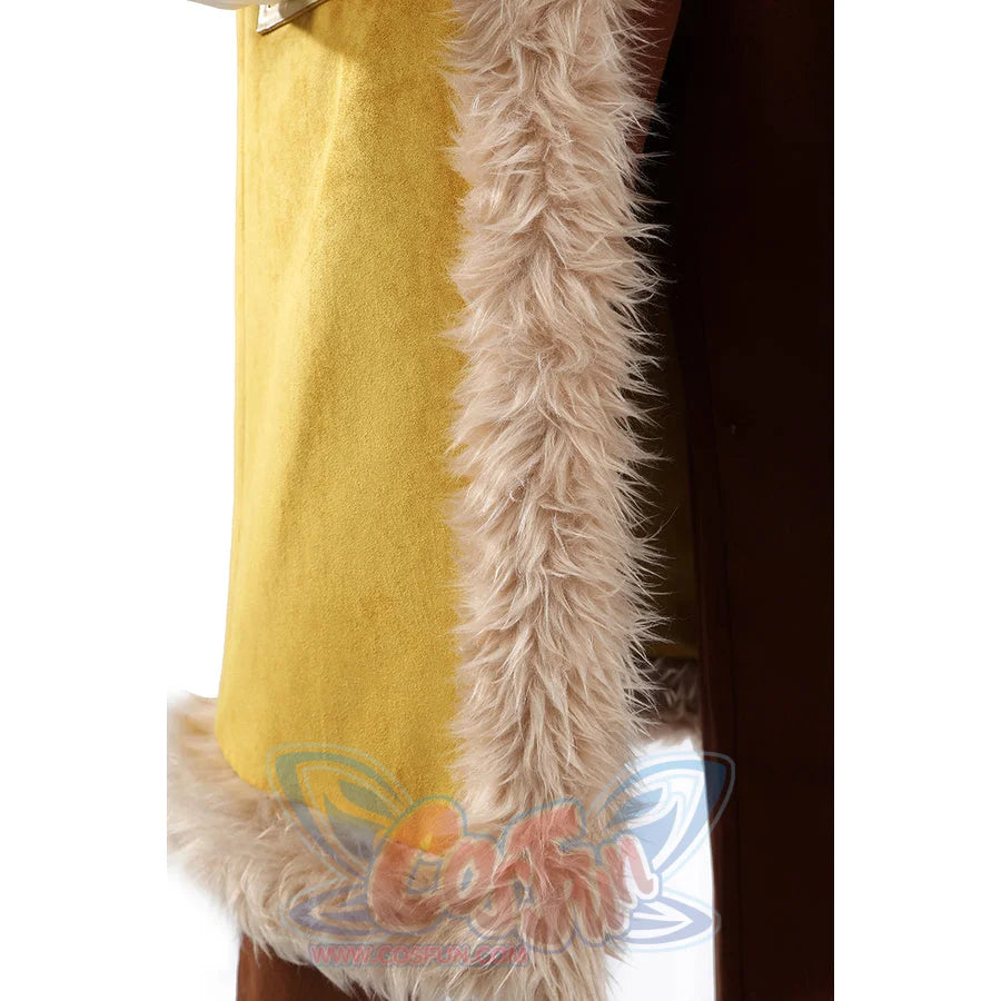 Buggy the Star Clown cosplay coat detail follows the pale faux fur trim down the yellow front edge