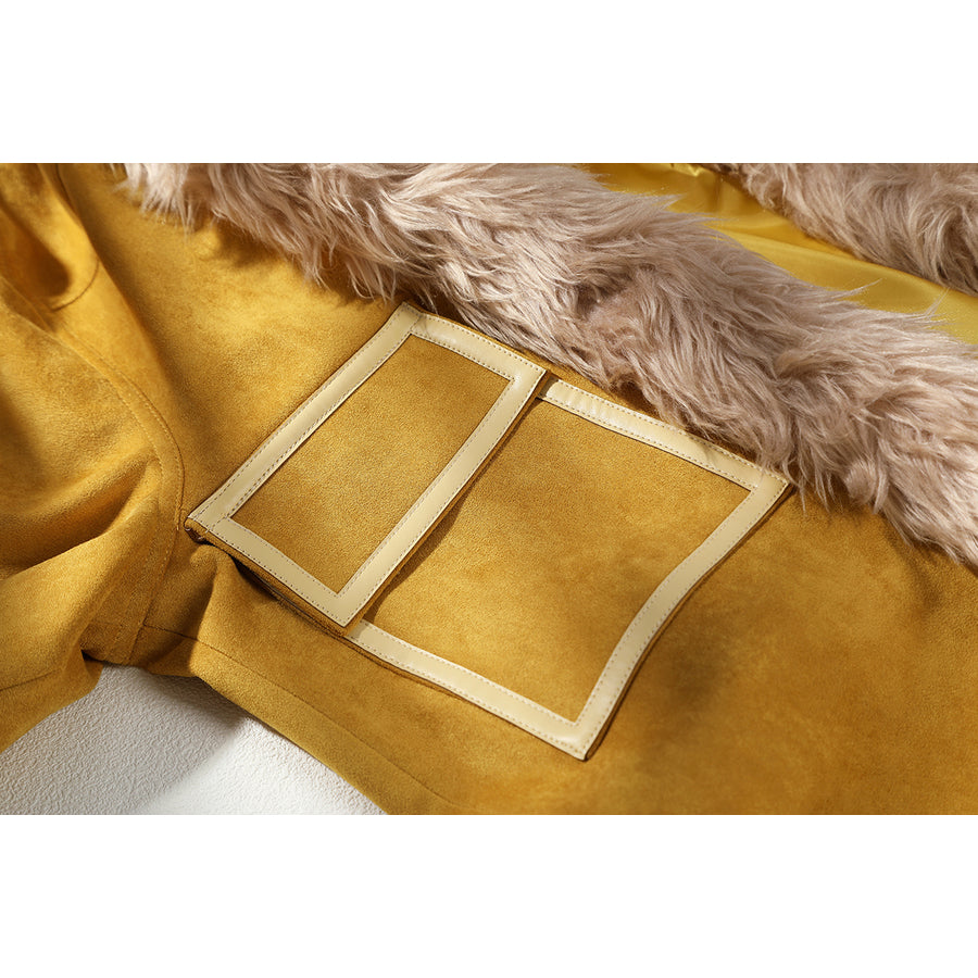 Buggy the Star Clown cosplay coat pocket detail shows cream trim sewn onto the yellow suede-like fabric