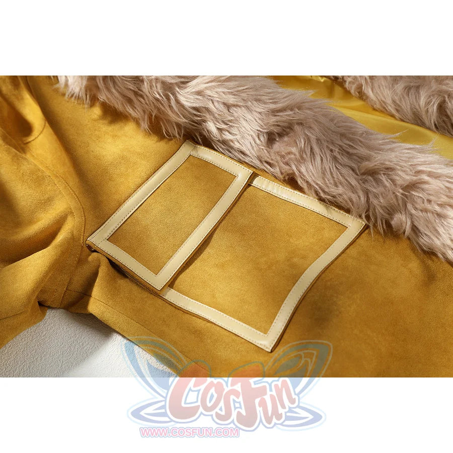 Buggy the Star Clown cosplay coat pocket detail shows cream trim sewn onto the yellow suede-like fabric