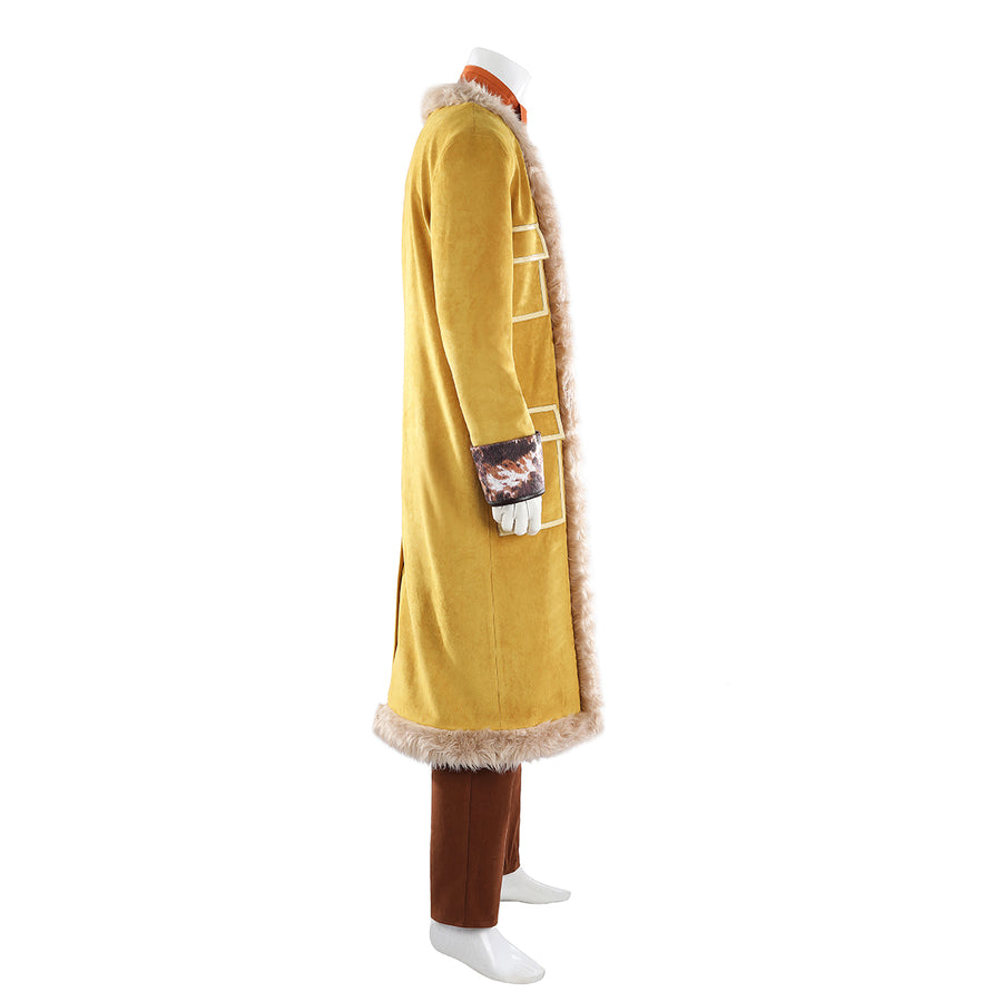 Buggy the Star Clown cosplay coat side view shows the long yellow silhouette edged by soft faux fur trim