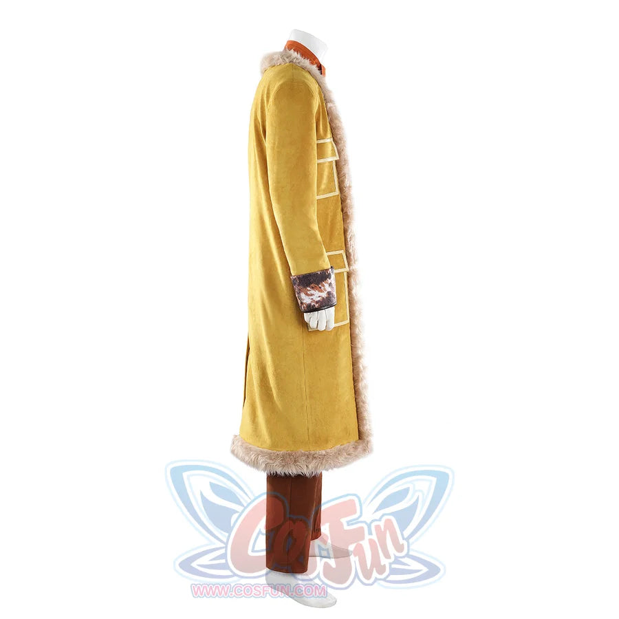 Buggy the Star Clown cosplay coat side view shows the long yellow silhouette edged by soft faux fur trim