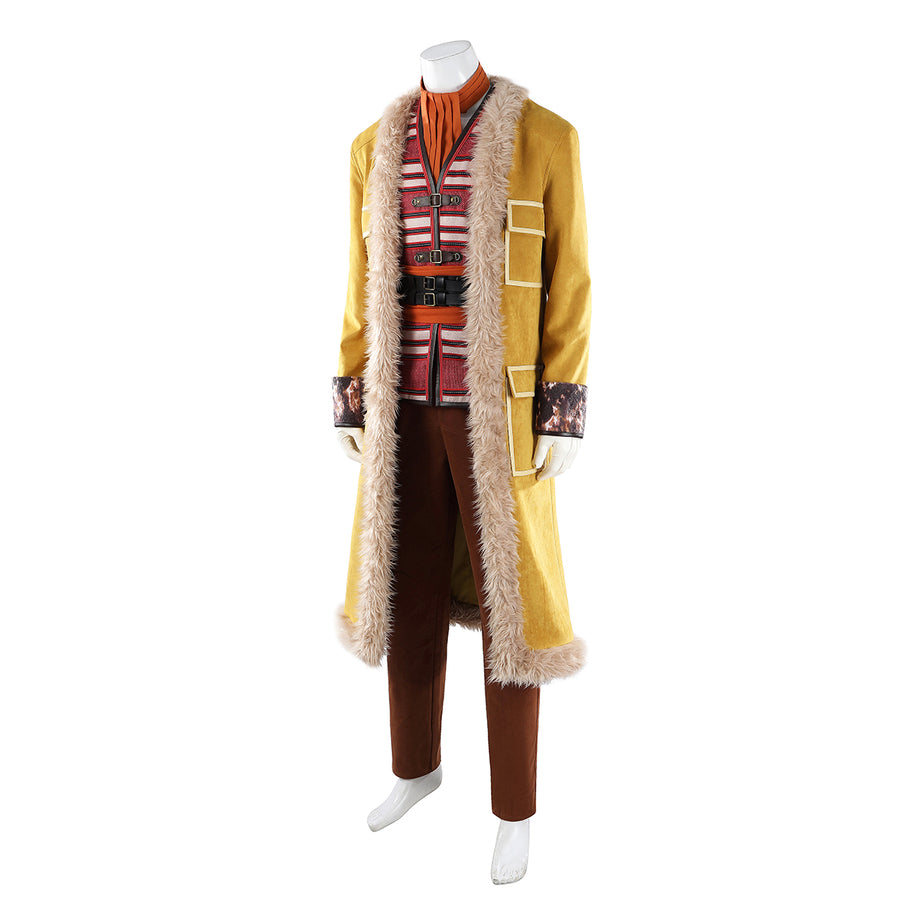 Buggy the Star Clown cosplay costume angled front view frames the fur-trimmed coat over the striped vest