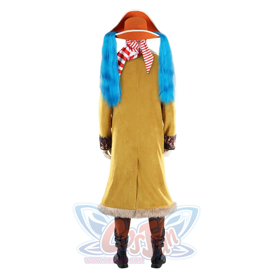 Buggy the Star Clown cosplay costume back view shows the long yellow coat and striped scarf beneath the orange hat