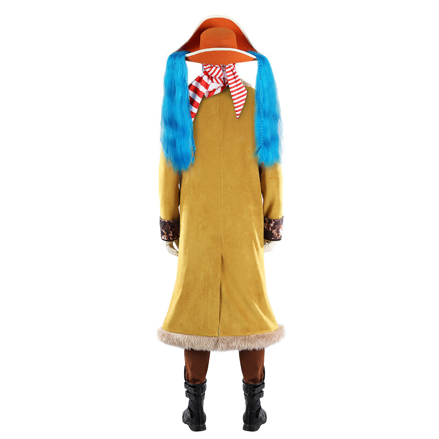 COSFUN Buggy the Star Clown cosplay costume front view pairs a yellow fur-trimmed coat with a striped vest