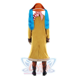 Buggy the Star Clown cosplay costume back view shows the long yellow coat and striped scarf beneath the orange hat