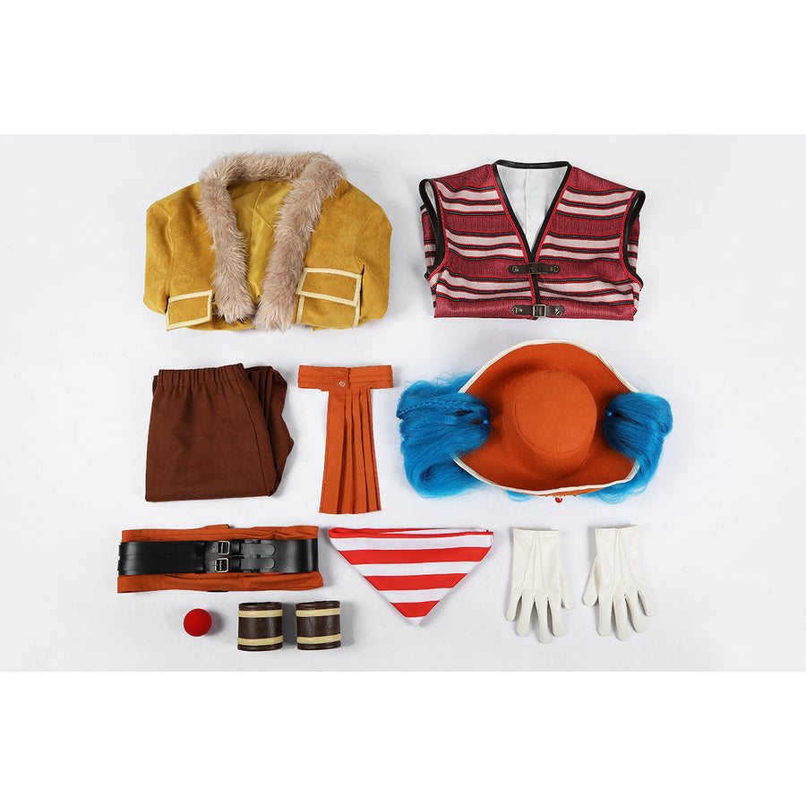 Buggy the Star Clown cosplay costume flat lay presents the full included outfit set for reference