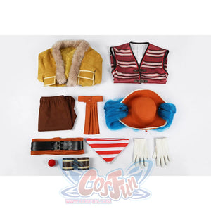 Buggy the Star Clown cosplay costume flat lay presents the full included outfit set for reference