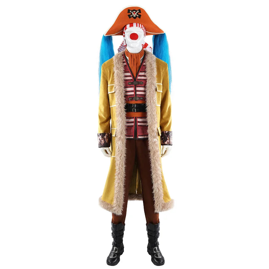 COSFUN Buggy the Star Clown cosplay costume front view pairs a yellow fur-trimmed coat with a striped vest