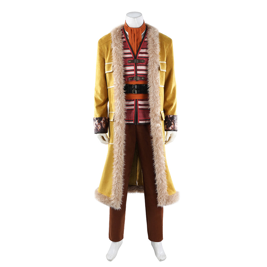 Buggy the Star Clown cosplay costume highlights an open yellow coat framing the striped vest and brown pants