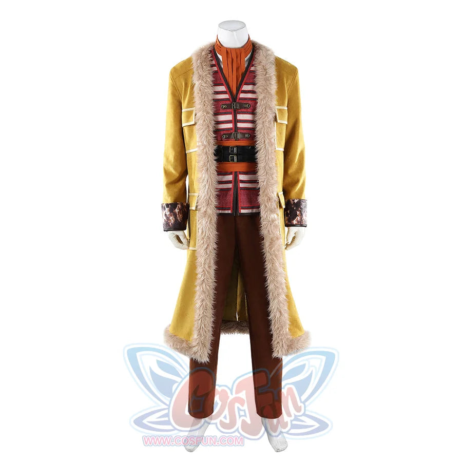 Buggy the Star Clown cosplay costume highlights an open yellow coat framing the striped vest and brown pants