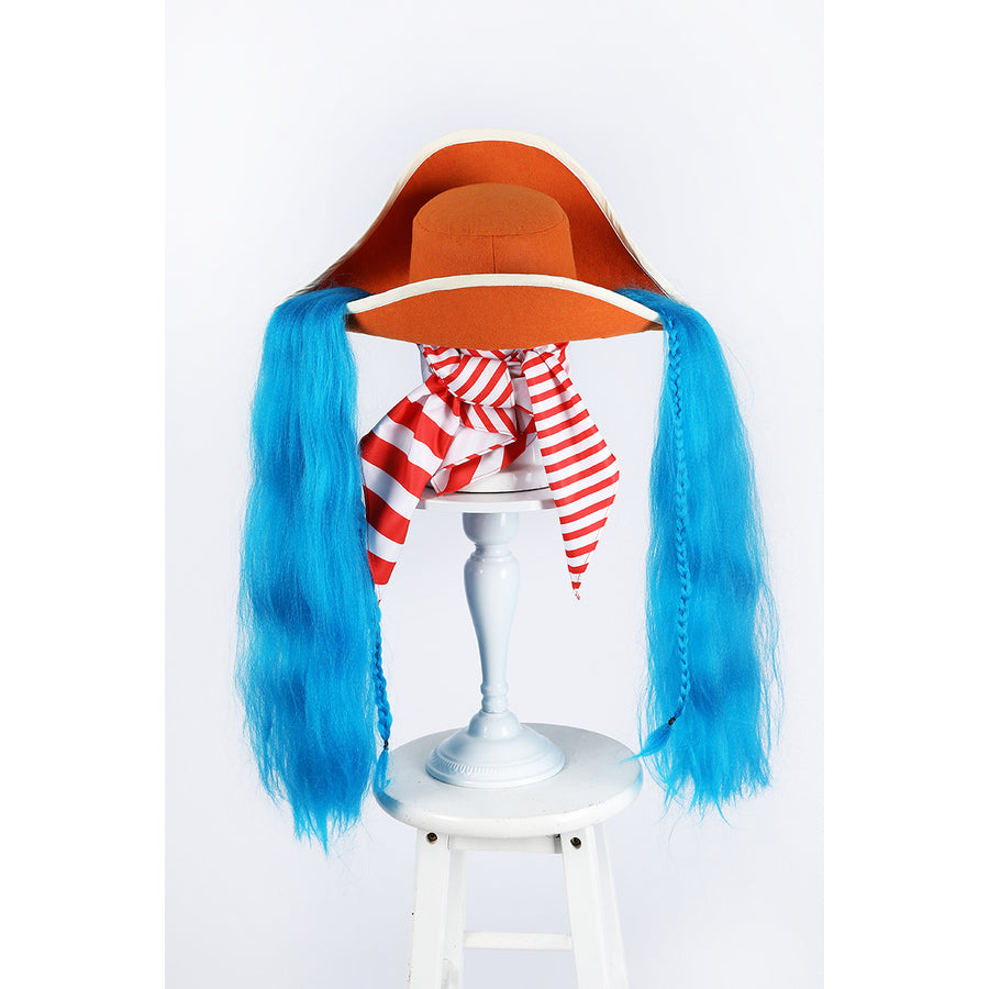 Buggy the Star Clown cosplay hat back view highlights the orange brim and red-striped head scarf ties